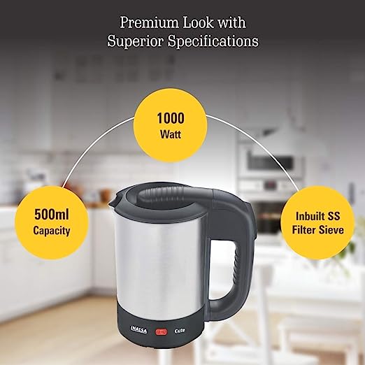 INALSA Electric Travel Kettle Cute 0.5 L|Fast Boiling 1000 Watts| Light Indicator| Boild Dry Protection| Auto Shut Off| 2 Travel Cups| (Silver/Black) INALSA Electric Travel Kettle Cute 0.5 L|Fast Boiling 1000 Watts| Light Indicator| Boild Dry Protection| Auto Shut Off| 2 Travel Cups| (Silver/Black)